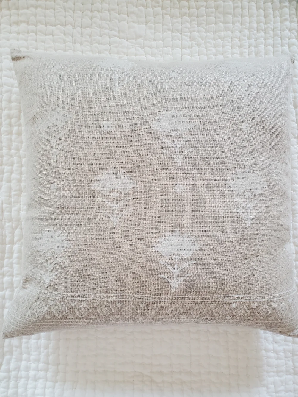 Elio Neutral Beige Linen Throw Pillow with White Floral Print 22x22